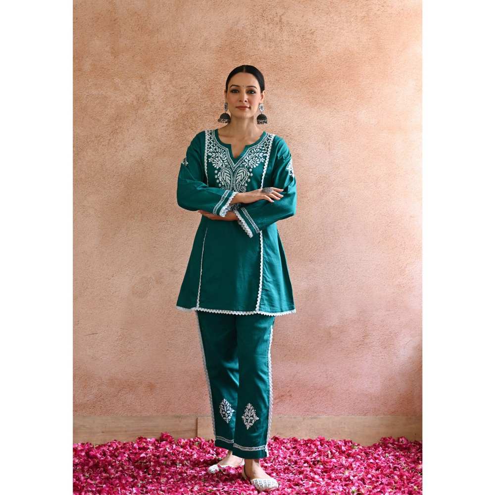 House of Chikankari Azmi Chikankari Cotton Straight Short Kurta - Teal (Set of 2)