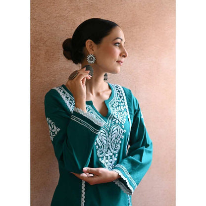 House of Chikankari Azmi Chikankari Cotton Straight Short Kurta - Teal (Set of 2)
