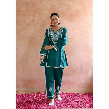 House of Chikankari Azmi Chikankari Cotton Straight Short Kurta - Teal (Set of 2)