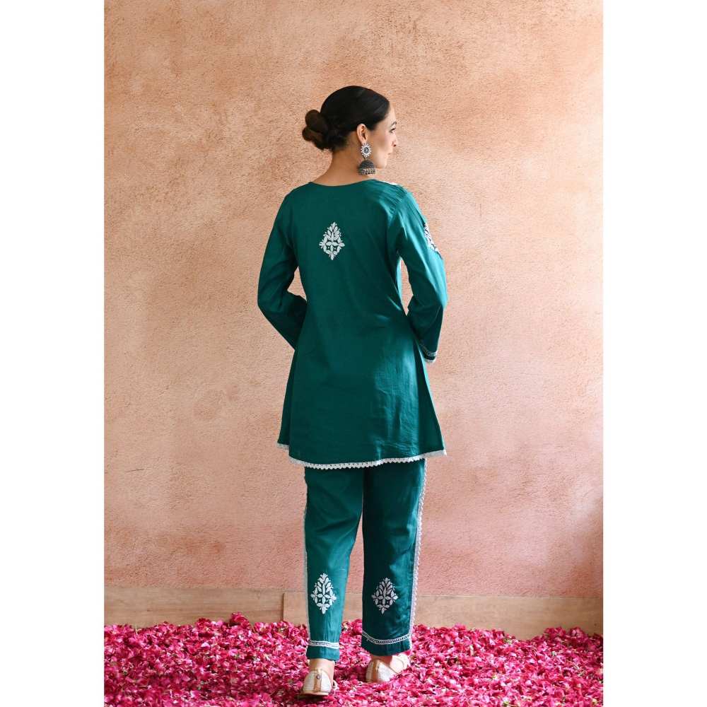 House of Chikankari Azmi Chikankari Cotton Straight Short Kurta - Teal (Set of 2)