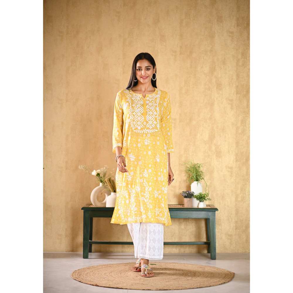 House of Chikankari Nur Chikankari Mulmul Straight Kurta - Yellow
