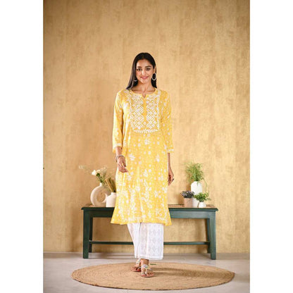 House of Chikankari Nur Chikankari Mulmul Straight Kurta - Yellow