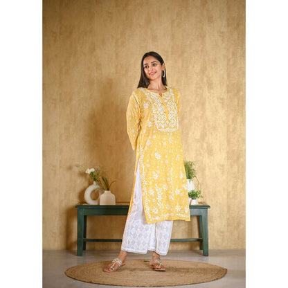 House of Chikankari Nur Chikankari Mulmul Straight Kurta - Yellow