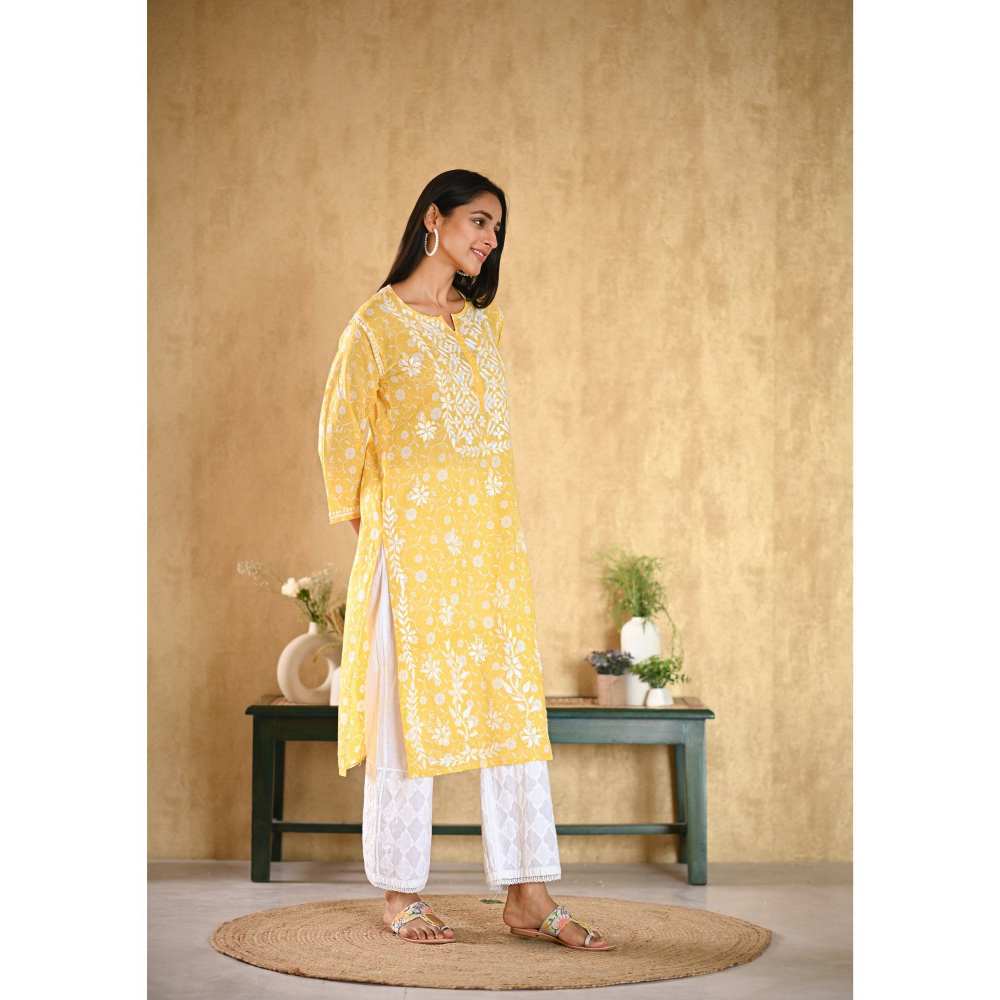 House of Chikankari Nur Chikankari Mulmul Straight Kurta - Yellow