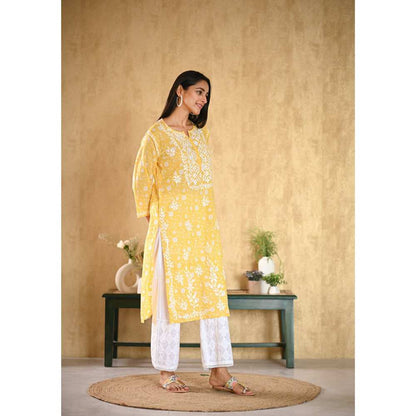 House of Chikankari Nur Chikankari Mulmul Straight Kurta - Yellow