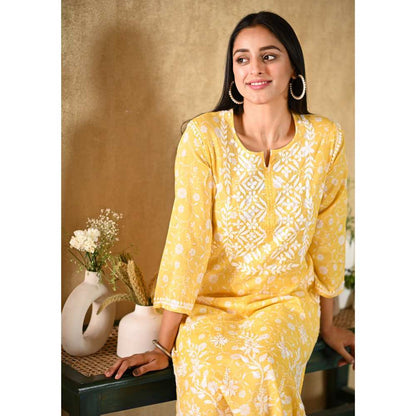 House of Chikankari Nur Chikankari Mulmul Straight Kurta - Yellow