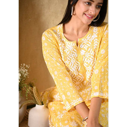 House of Chikankari Nur Chikankari Mulmul Straight Kurta - Yellow