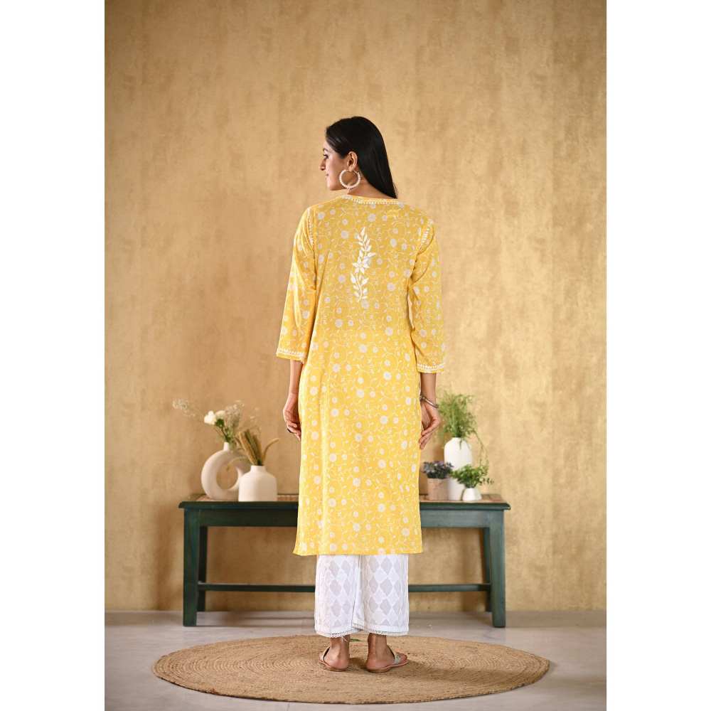 House of Chikankari Nur Chikankari Mulmul Straight Kurta - Yellow