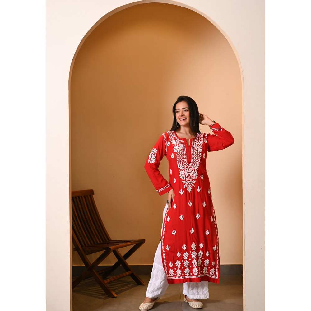 House of Chikankari Eshal Chikankari Modal Straight Kurta - Red
