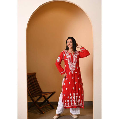 House of Chikankari Eshal Chikankari Modal Straight Kurta - Red