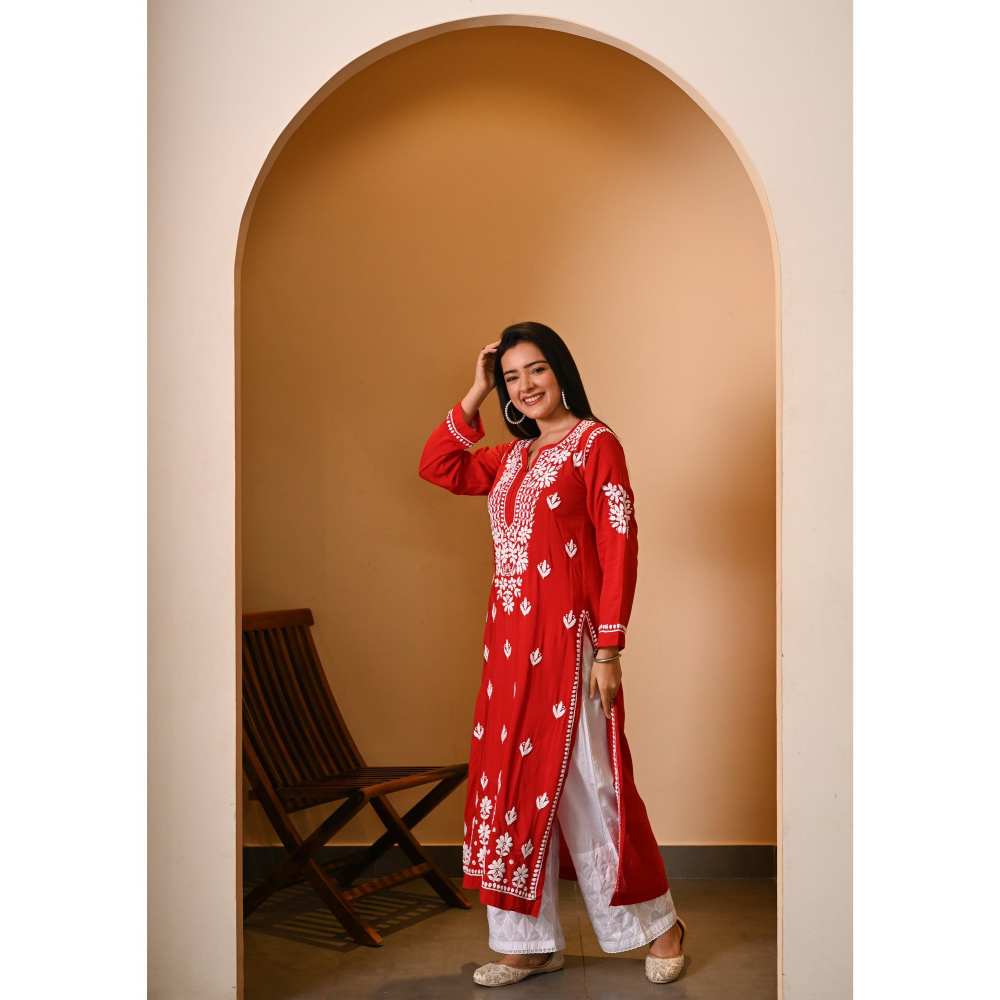 House of Chikankari Eshal Chikankari Modal Straight Kurta - Red