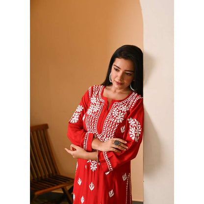 House of Chikankari Eshal Chikankari Modal Straight Kurta - Red