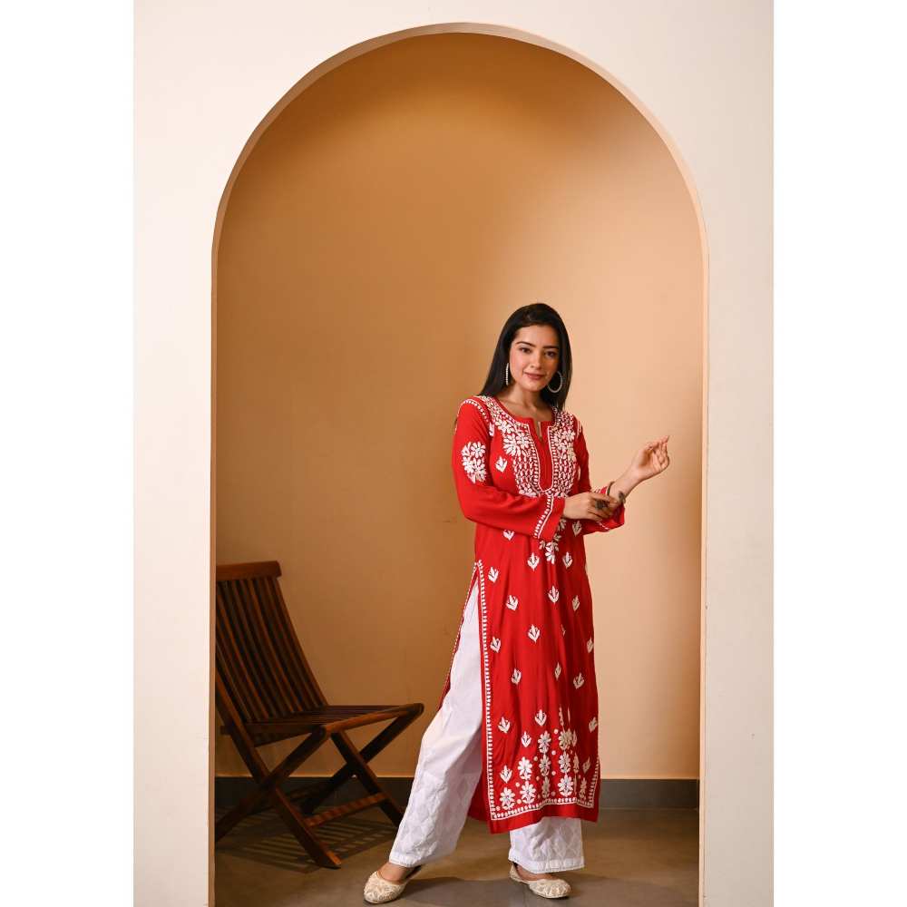 House of Chikankari Eshal Chikankari Modal Straight Kurta - Red