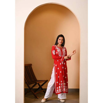 House of Chikankari Eshal Chikankari Modal Straight Kurta - Red