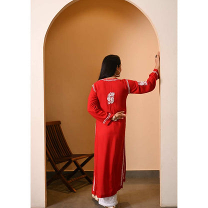 House of Chikankari Eshal Chikankari Modal Straight Kurta - Red