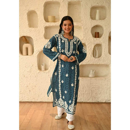 House of Chikankari Aidah Chikankari Mulmul Straight Kurta - Navy Blue