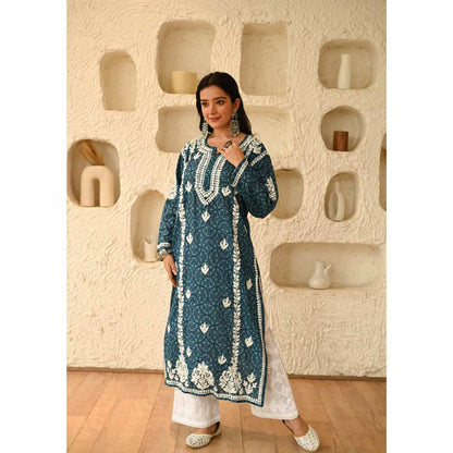 House of Chikankari Aidah Chikankari Mulmul Straight Kurta - Navy Blue