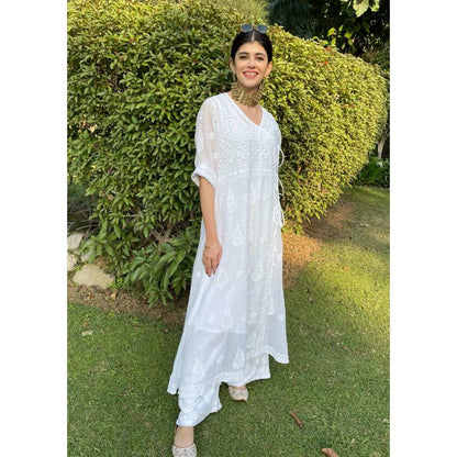 House of Chikankari Nazakat Chikankari Kota Angrakha with Inner - White