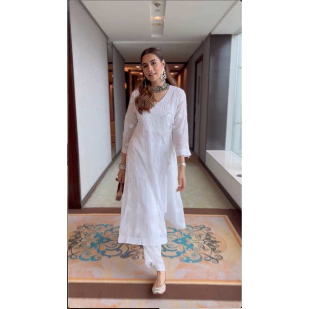 House of Chikankari Nazakat Chikankari Kota Angrakha with Inner - White