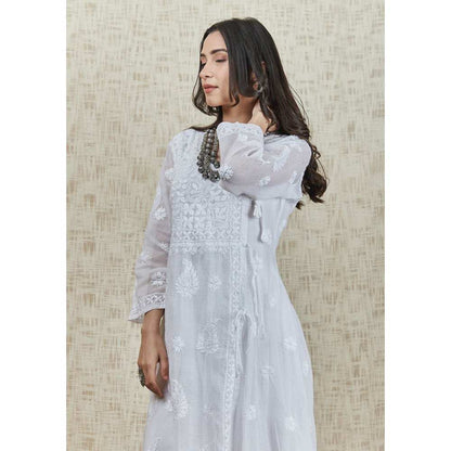 House of Chikankari Nazakat Chikankari Kota Angrakha with Inner - White