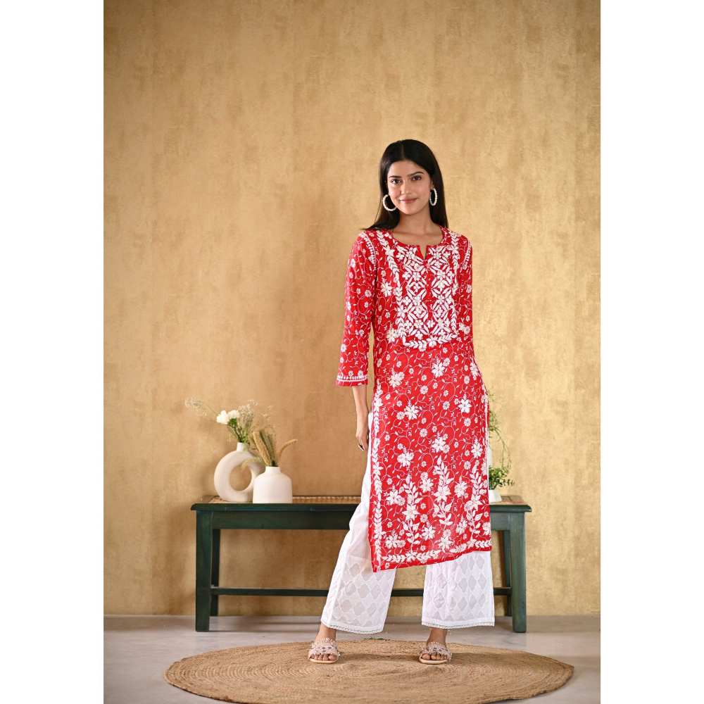 House of Chikankari Nur Chikankari Mulmul Straight Kurta - Red