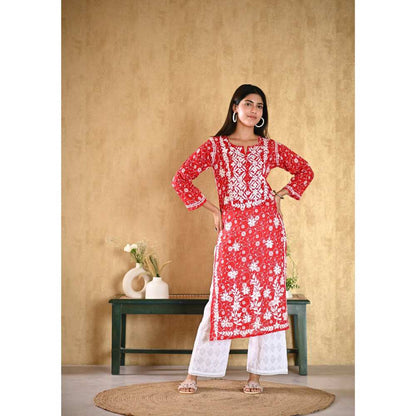 House of Chikankari Nur Chikankari Mulmul Straight Kurta - Red