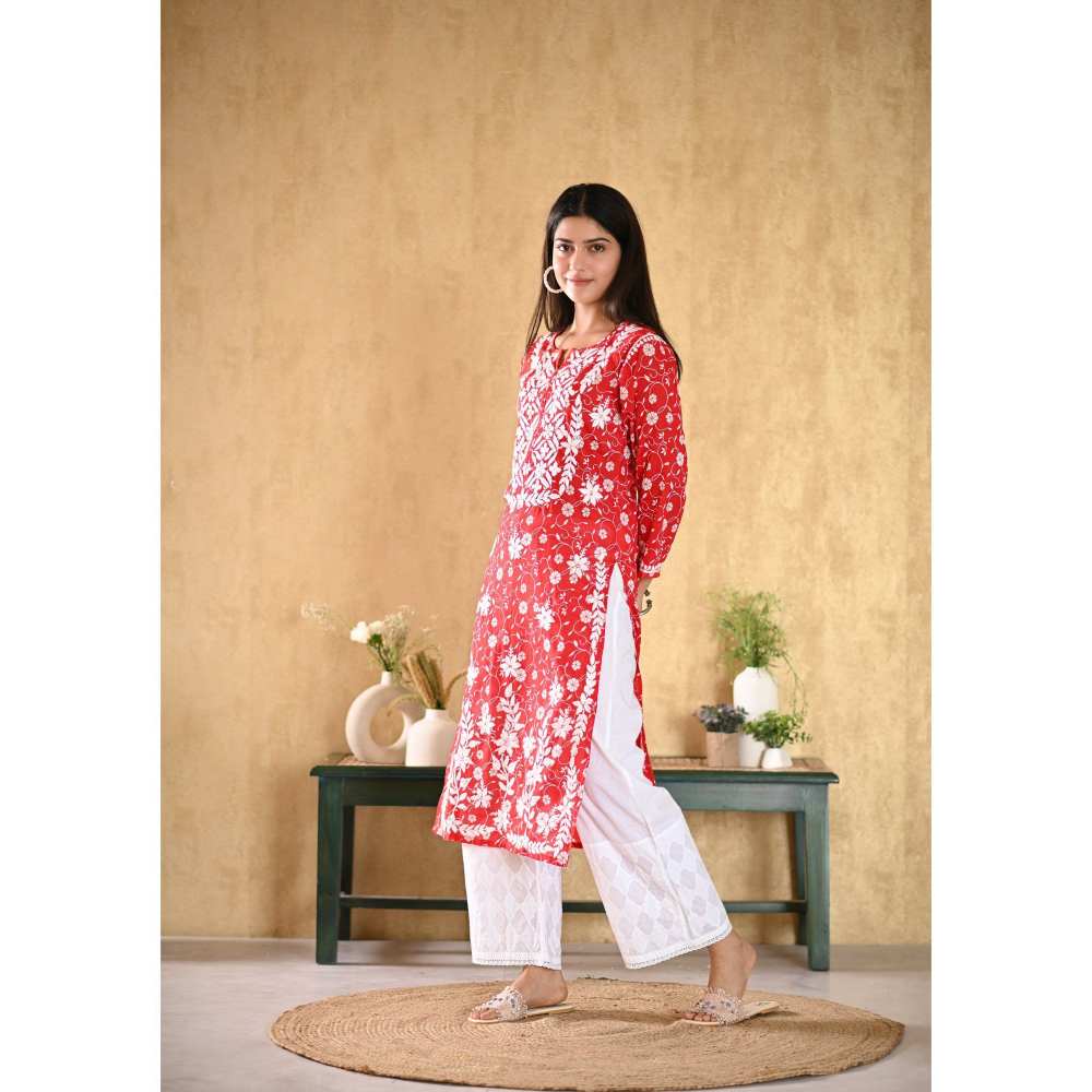 House of Chikankari Nur Chikankari Mulmul Straight Kurta - Red