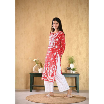House of Chikankari Nur Chikankari Mulmul Straight Kurta - Red