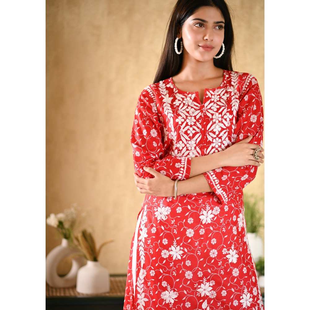 House of Chikankari Nur Chikankari Mulmul Straight Kurta - Red