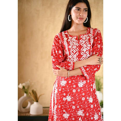 House of Chikankari Nur Chikankari Mulmul Straight Kurta - Red