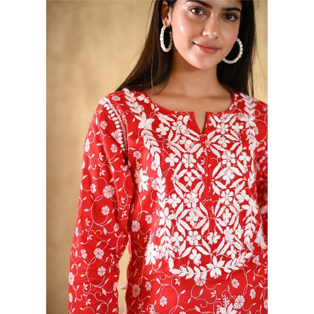 House of Chikankari Nur Chikankari Mulmul Straight Kurta - Red
