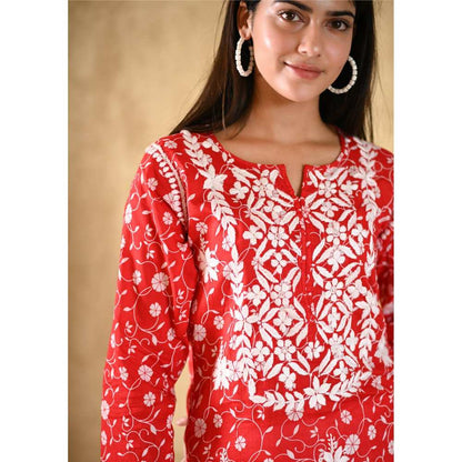 House of Chikankari Nur Chikankari Mulmul Straight Kurta - Red