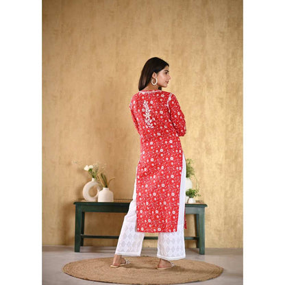 House of Chikankari Nur Chikankari Mulmul Straight Kurta - Red