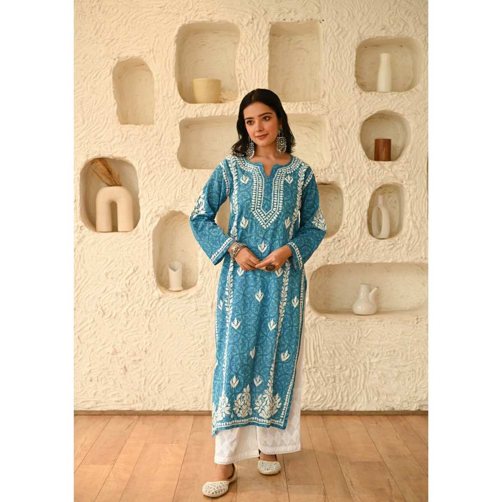 House of Chikankari Aidah Chikankari Mulmul Straight Kurta - Blue