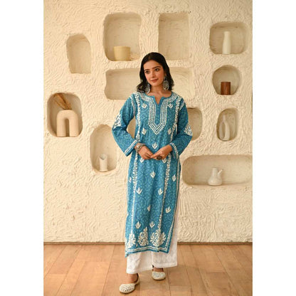 House of Chikankari Aidah Chikankari Mulmul Straight Kurta - Blue