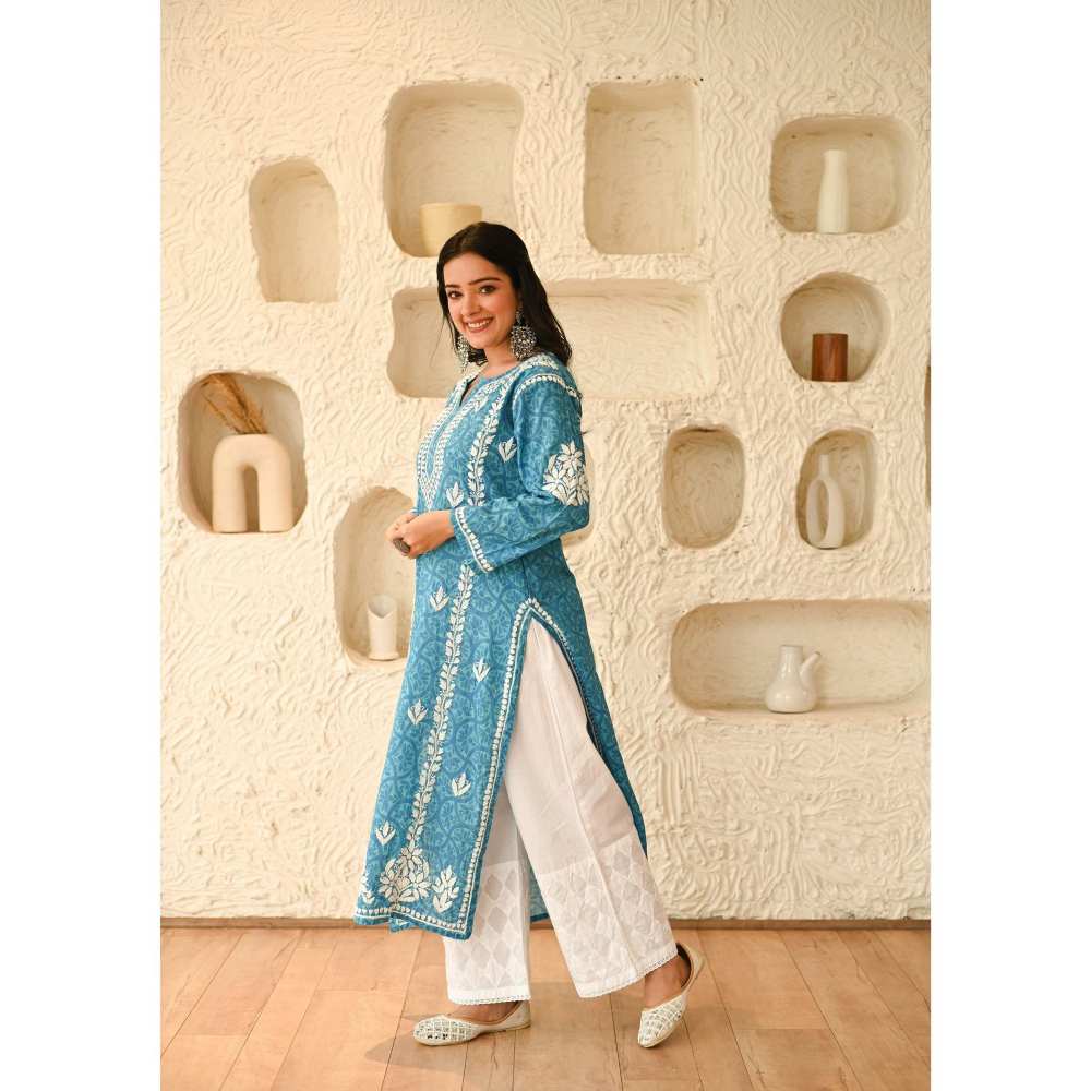 House of Chikankari Aidah Chikankari Mulmul Straight Kurta - Blue