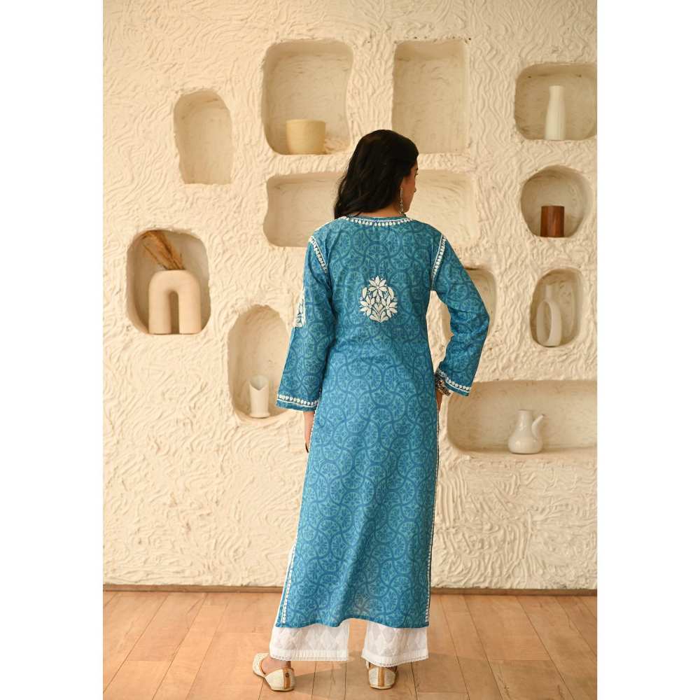 House of Chikankari Aidah Chikankari Mulmul Straight Kurta - Blue