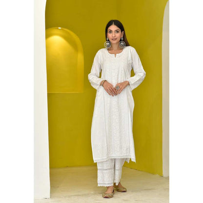 House of Chikankari Ahlam Chikankari Cotton Straight Kurta - White (Set of 2)