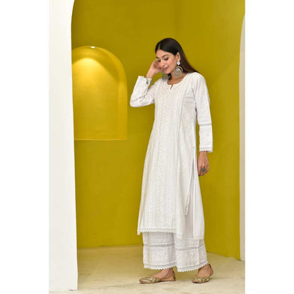 House of Chikankari Ahlam Chikankari Cotton Straight Kurta - White (Set of 2)