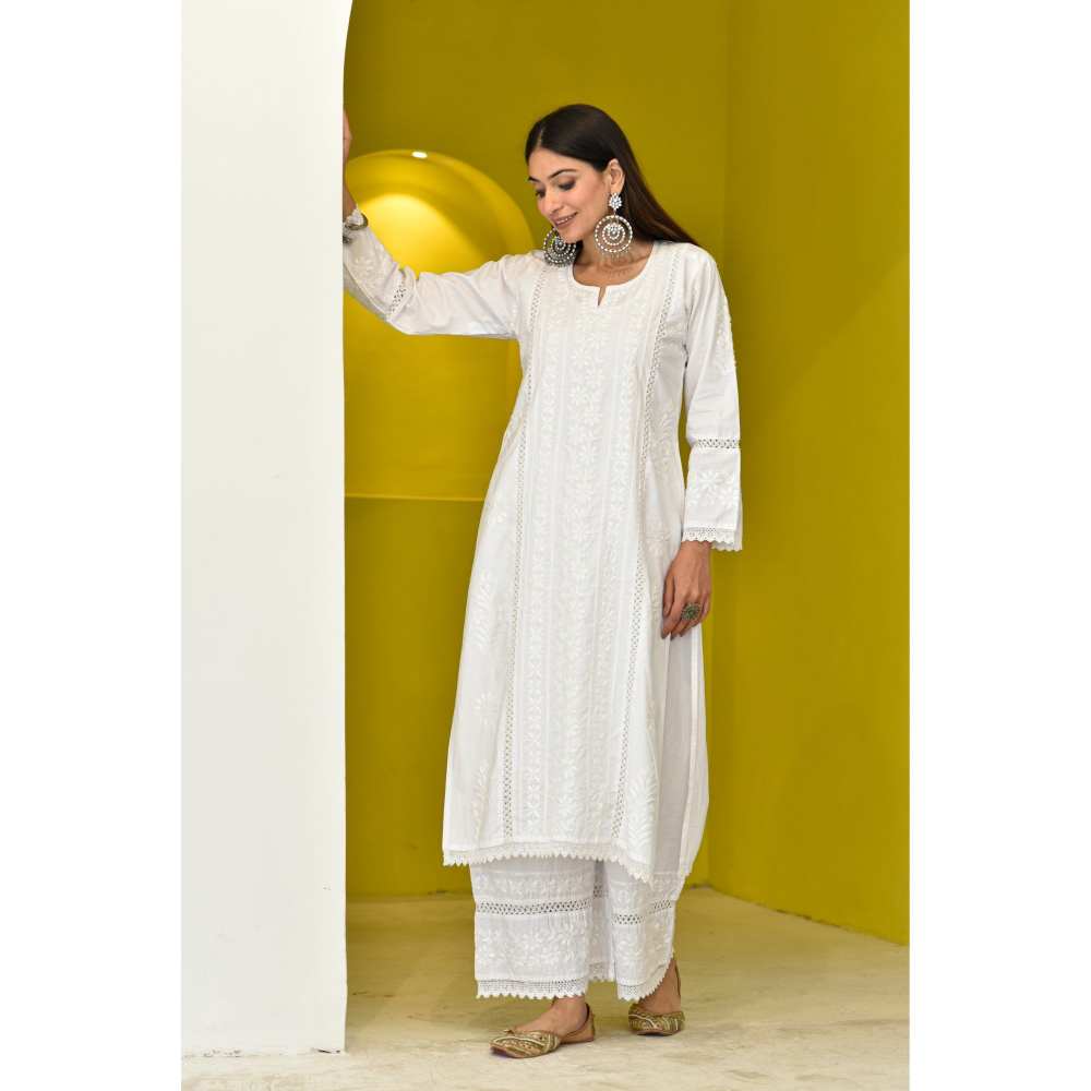 House of Chikankari Ahlam Chikankari Cotton Straight Kurta - White (Set of 2)