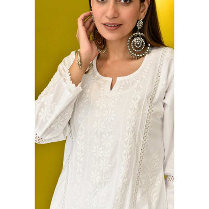 House of Chikankari Ahlam Chikankari Cotton Straight Kurta - White (Set of 2)