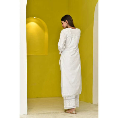 House of Chikankari Ahlam Chikankari Cotton Straight Kurta - White (Set of 2)