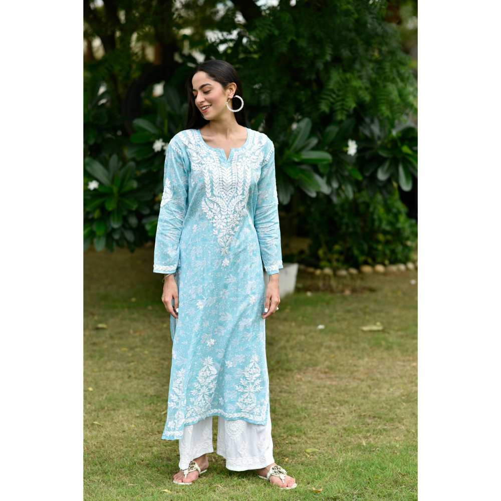 House of Chikankari Marwa Chikankari Mulmul Straight Kurta - Blue