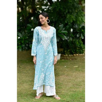 House of Chikankari Marwa Chikankari Mulmul Straight Kurta - Blue