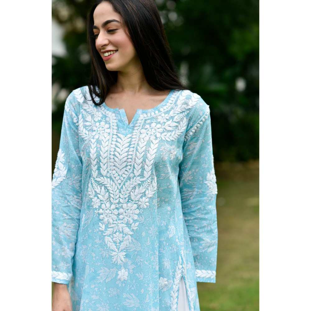 House of Chikankari Marwa Chikankari Mulmul Straight Kurta - Blue