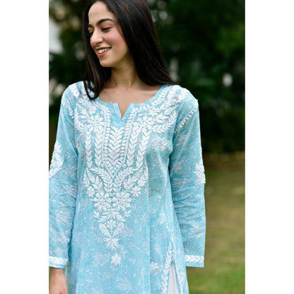 House of Chikankari Marwa Chikankari Mulmul Straight Kurta - Blue