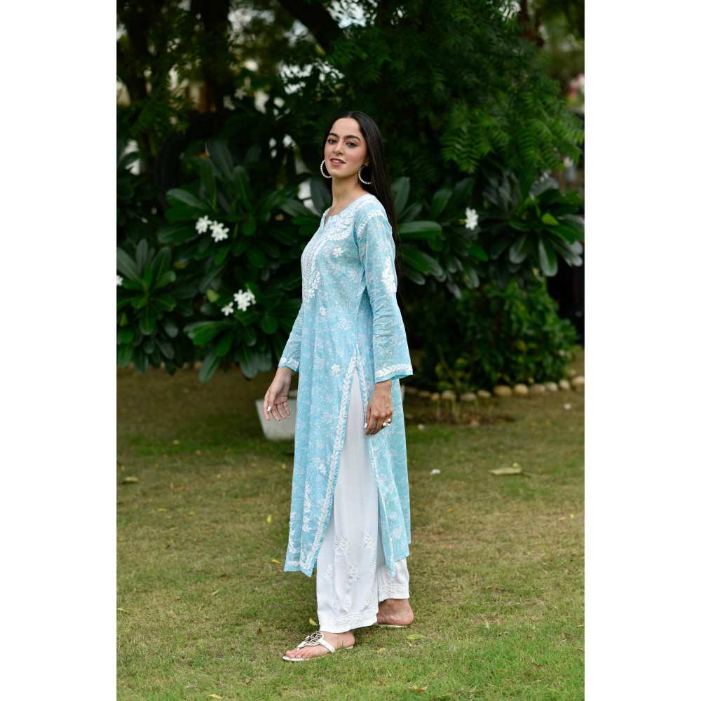 House of Chikankari Marwa Chikankari Mulmul Straight Kurta - Blue