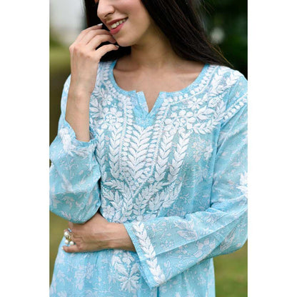 House of Chikankari Marwa Chikankari Mulmul Straight Kurta - Blue