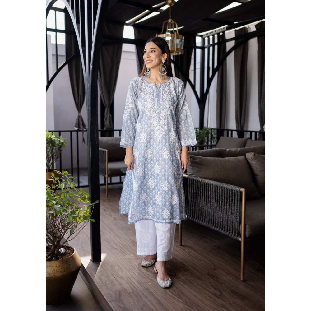 House of Chikankari Nazm Chikankari Mulmul Straight Kurta - Grey