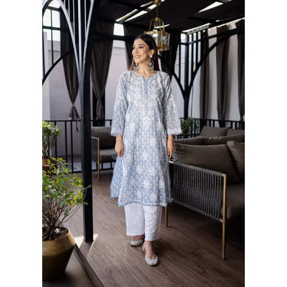 House of Chikankari Nazm Chikankari Mulmul Straight Kurta - Grey